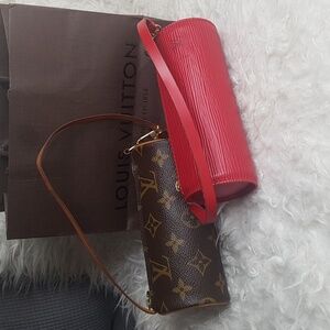 Auth Louis Vuitton Monogram Brown and Red Soufflot Pouch W/ Paperbag